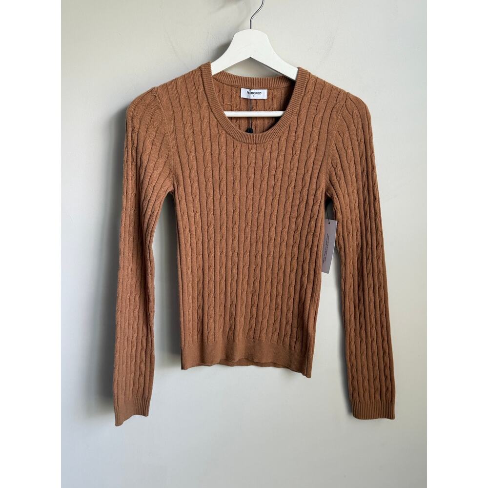 Rumored Wool/Cashmere Blend Crew Neck Cable Knit Polo Club Sweater Camel S NWT - Picture 2 of 10